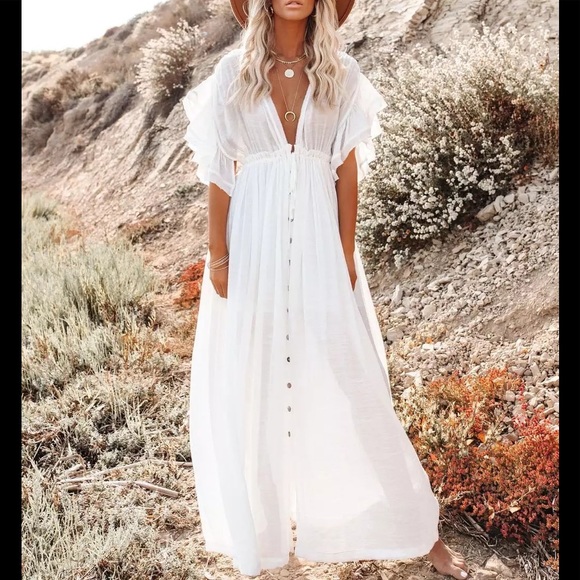 White Sands Gauze Boho Button Flutter Maxi Butterfly Arms Dress - Picture 4 of 14